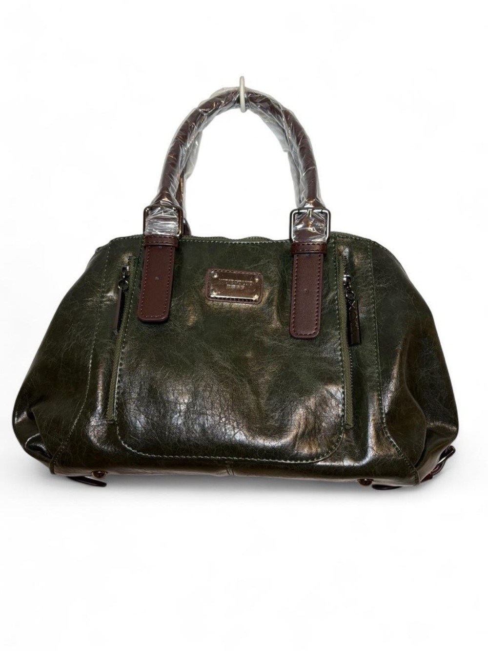 Green Vegan Leather Handbag + Brown Accents